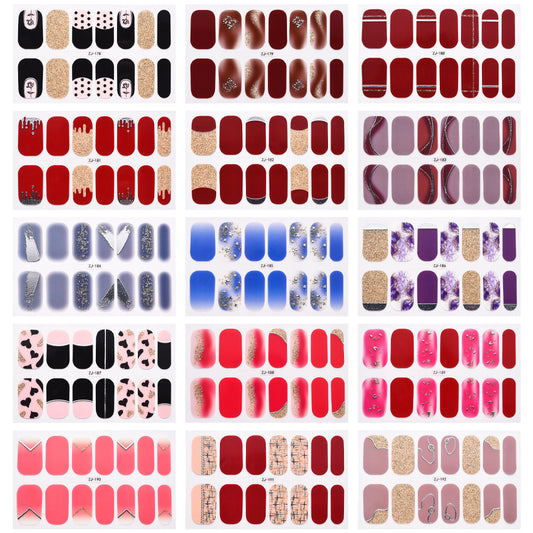16Pack Fashion Nail Stickers 14 Tips Finger Nails Decals Crystal Glitter Gold Silver Stamping Sticker