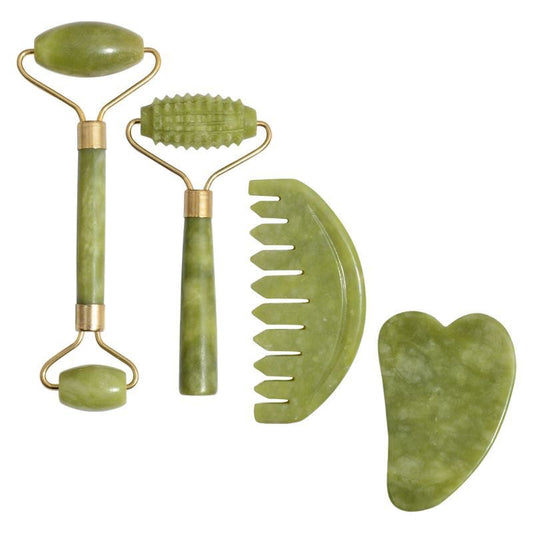 4 Pcs Face Massager Set Tools Green Natural Jade Roller for Facial Care and Body Massage with Skin Scraper Plate
